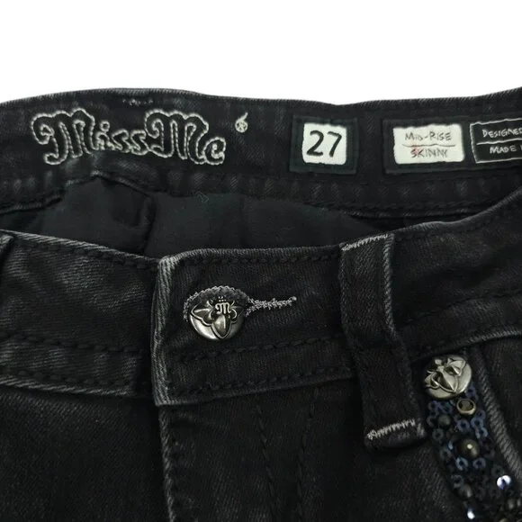 Miss Me Jeans Mid Rise Skinny Black Size 27 Stretch Studs Rhinestones Sequins - Picture 3 of 16